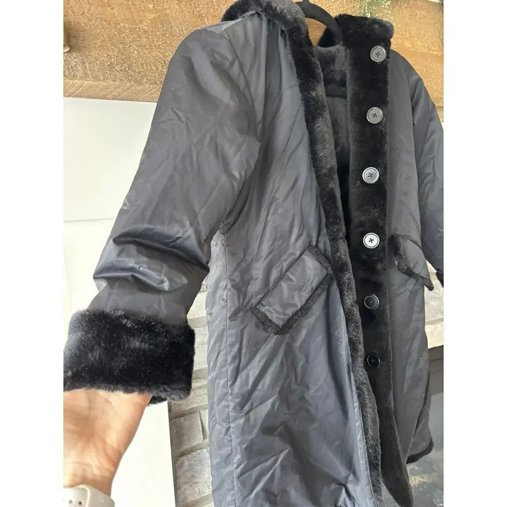 The Children's Place Jacket Girls L 10/12 Black Fur Nylon Hooded Reversible City